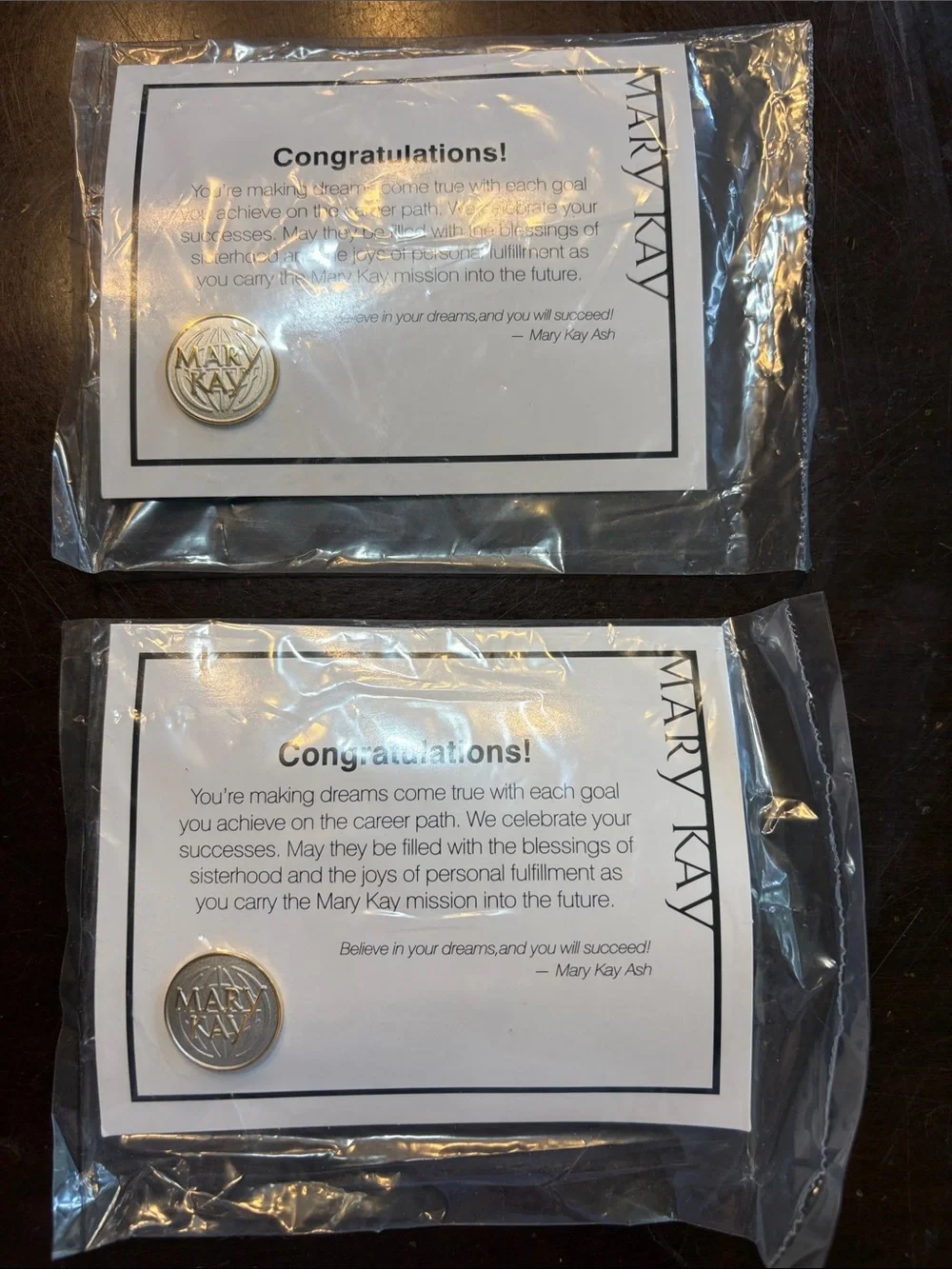 Mary Kay Gold & Silver Recognition Pins with Message Cards (set of 2)